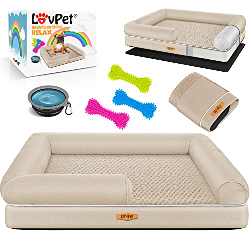 Lovpet® Orthopädisches Hundebett Hundekissen Hundekorb Relax, Inkl. Napf + 3X Kauknochen, Hundesofa für Kleine, Mittelgroße & Große Hunde, Bezug abnehmbar und waschbar, 106x80x22cm Beige von Lovpet