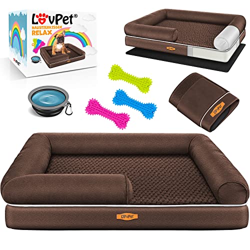 Lovpet® Orthopädisches Hundebett Hundekissen Hundekorb Relax, Inkl. Napf + 3X Kauknochen, Hundesofa für Kleine, Mittelgroße & Große Hunde, Bezug abnehmbar und waschbar, 106x80x22cm Braun von Lovpet