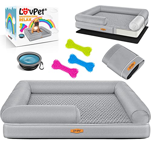 Lovpet® Orthopädisches Hundebett Hundekissen Hundekorb Relax, Inkl. Napf + 3X Kauknochen, Hundesofa für Kleine, Mittelgroße & Große Hunde, Bezug abnehmbar und waschbar, 106x80x22cm Grau von Lovpet