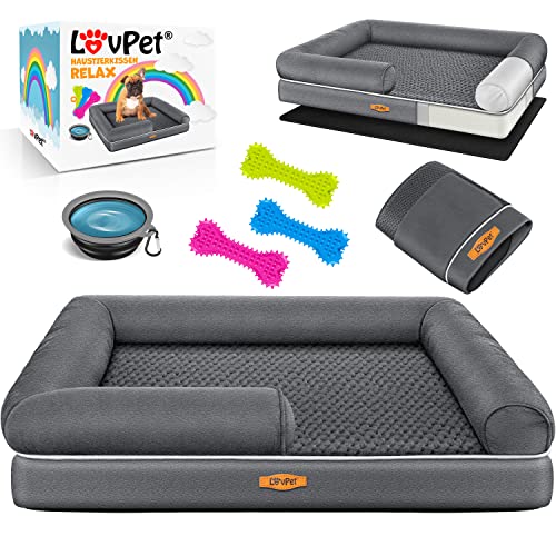 Lovpet® Orthopädisches Hundebett Hundekissen Hundekorb Relax, Inkl. Napf + 3X Kauknochen, Hundesofa für Kleine, Mittelgroße & Große Hunde, Bezug abnehmbar und waschbar, 120x85x22cm Anthrazit von Lovpet