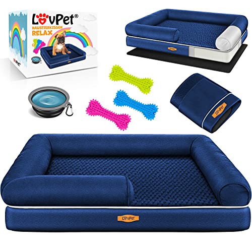 Lovpet® Orthopädisches Hundebett Hundekissen Hundekorb Relax, Inkl. Napf + 3X Kauknochen, Hundesofa für Kleine, Mittelgroße & Große Hunde, Bezug abnehmbar und waschbar, 120x85x22cm Navyblau von Lovpet