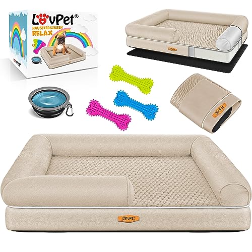 Lovpet® Orthopädisches Hundebett Hundekissen Hundekorb Relax, Inkl. Napf + 3X Kauknochen, Hundesofa für Kleine, Mittelgroße & Große Hunde, Bezug abnehmbar und waschbar (XL (120 x 85 x 25 cm), Beige) von Lovpet