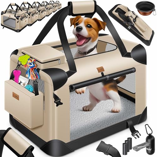 Lovpet® Transportbox Hund Katze Transporttasche S 49,5x34,5x35cm | Hunde-Tragetasche Faltbare Katzentasche | Haustier-Transportbox inkl. Hundenapf & Schultergurt | für Katzen & Hunde Beige von Lovpet