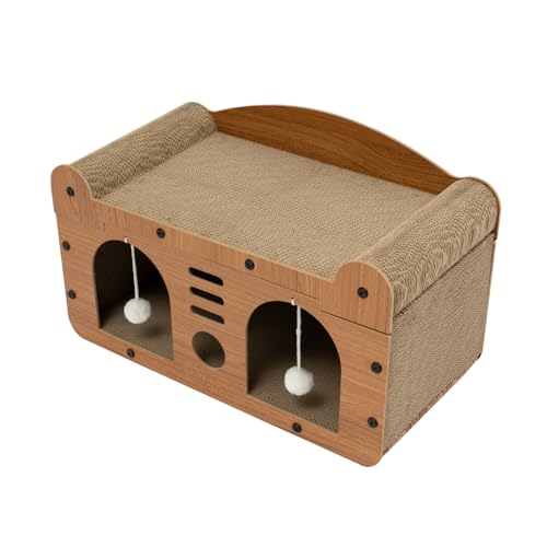 Kratzpads für Katzen, 2 Schicht Kratzpappe Katzenhaus, Katzen-Papphaus Mit 2 Bällen und Höhle, Katzenspielzeug Kratzmatte, für Kätzchen Zum Kratzen Und Ausruhen (2 Türen) von LoyaltyClivia