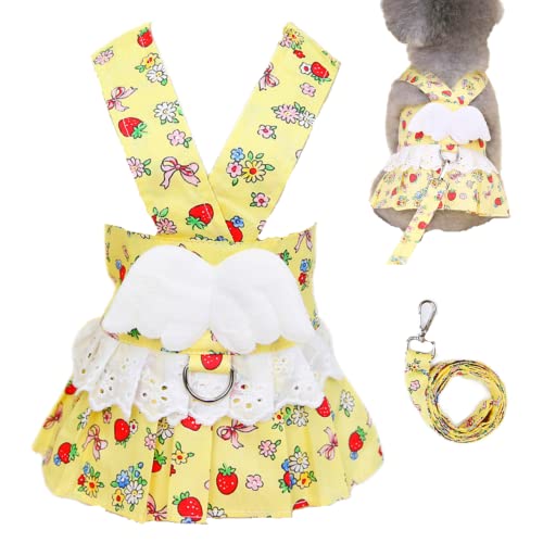 Loyanyy Hundegeschirr mit Leine, niedliche Fliege, Katzenkleid, Outfit, florales Welpen, Kätzchen, Sommerkleidung, Training, Spazierengehen, Strand, Hundekleidung, D, Gelb von Loyanyy