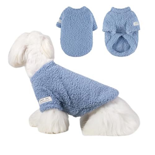 Loyanyy Kleiner Hundepullover für den Winter, solider Plüsch, Hundekleidung, warm, weich, Katzenpullover, dehnbare Fleece-Bekleidung für kleine und mittelgroße Hunde, Blau, Größe L von Loyanyy