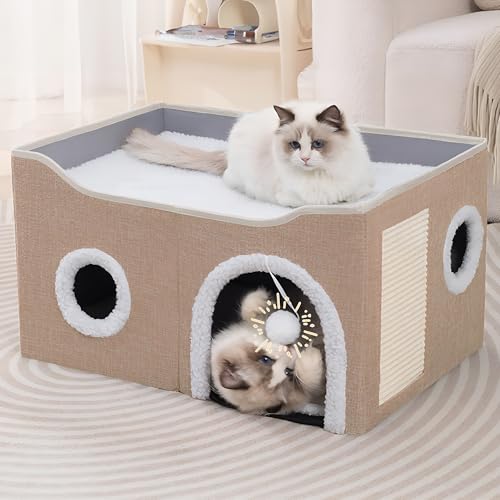 Katzenhäuser für Indoor Katzen - Große Katzenbett Höhle für Katzenhaus mit Kratzunterlage und Flauschiger Ball, Khaki von Loyareal