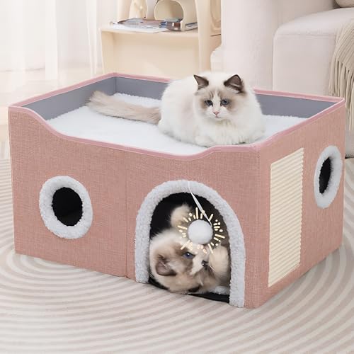 Katzenhäuser für Indoor Katzen - Große Katzenbett Höhle für Katzenhaus mit Kratzunterlage und Flauschiger Ball, Rosa von Loyareal