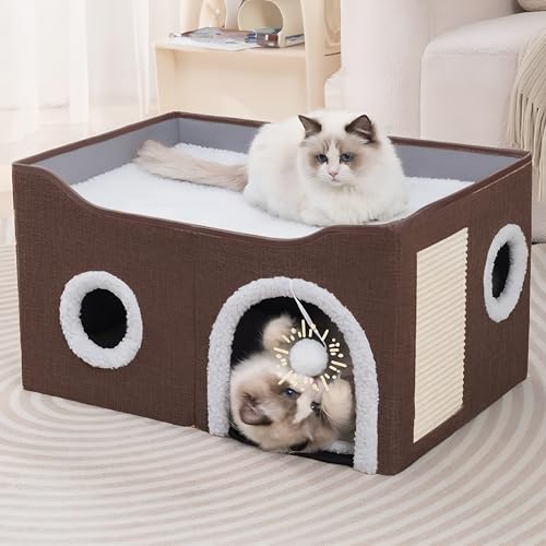 Katzenhäuser für Indoor-Katzen – Großes Katzenbett Höhle für Katzenhaus mit Kratzunterlage und flauschigem Ball, Braun von Loyareal