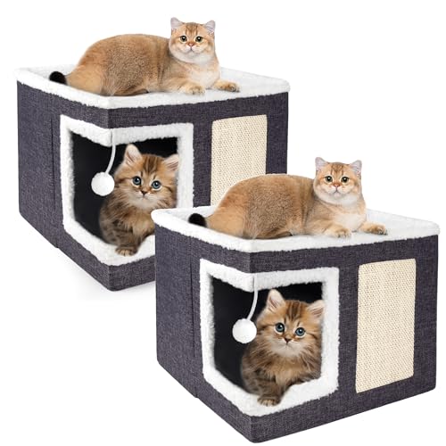 Loyareal 2 Pack Katzenhäuser für Indoor-Katzen – Große Katzenbett-Höhle für Katzenhaus mit Kratzunterlage und flauschigem Ball, faltbares Katzenversteck mit wendbarem Kissen, Katzenhaus für mehrere von Loyareal
