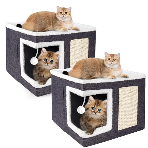 Loyareal Katzenhäuser für Indoor-Katzen, große Katzenbett-Höhle mit Kratzunterlage und flauschigem Ball, faltbares Katzenversteck mit wendbarem Kissen für mehrere kleine Haustiere, Dunkelgrau, 2 Stück von Loyareal