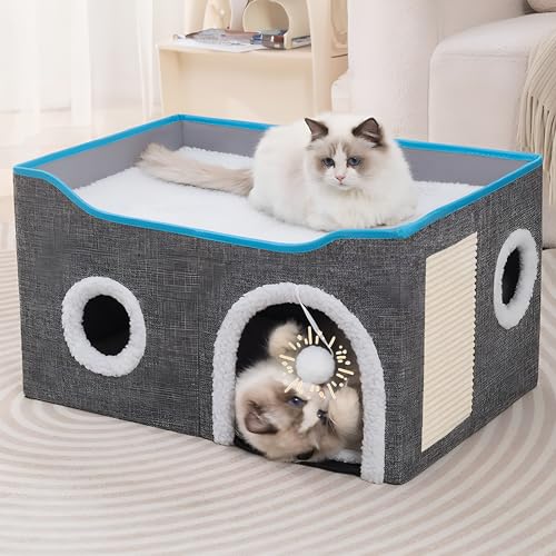 Loyareal Katzenhäuser für Indoor-Katzen - Große Katzenbett-Höhle für Katzenhaus mit Kratzunterlage und flauschigem Ball, faltbares Katzenversteck mit wendbarem Kissen, Katzenkondo für mehrere kleine von Loyareal