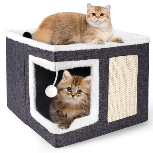 Loyareal Katzenhäuser für Indoor-Katzen - Große Katzenbett-Höhle für Katzenhaus mit Kratzunterlage und flauschigem Ball, faltbares Katzenversteck mit wendbarem Kissen, Katzenkondo für mehrere kleine von Loyareal