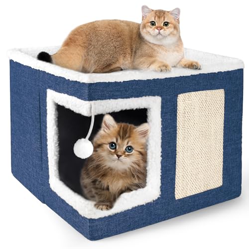 Loyareal Katzenhäuser für Indoor-Katzen – Große Katzenbett-Höhle mit Kratzunterlage und flauschigem Ball, faltbares Katzenhaus mit wendbarem Kissen für mehrere kleine Haustiere, Marineblau von Loyareal