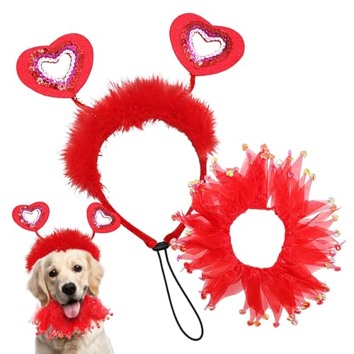 Lpsdssre Valentinstag-Herz-Stirnband Hund,Valentinstag-Stirnband Hund | Entzückendes Ribbons Hundehalsband-Kostümset mit rotem Herz-Stirnband,Hundebekleidung, Outfits, Urlaubskostüme für mittelgroße von Lpsdssre