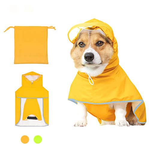 Hunderegenmantel mit Kapuze für mittelgroße Hunde, Luccalily wasserdichte Hundekleidung Hunde-Regenjacke mit reflektierendem Streifen, verstellbarer Bauchgurt, leichter gelber Poncho, M von Luccalily