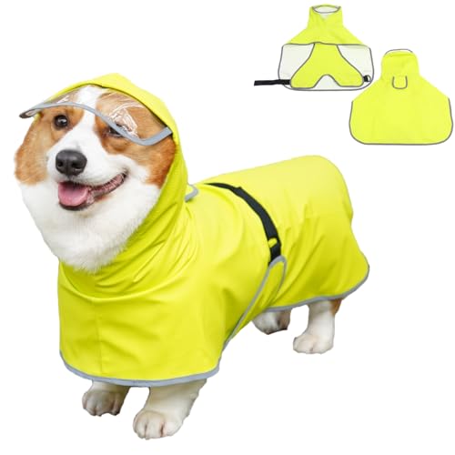 Luccalily Hunde-Regenjacke mit Kapuze für kleine und mittelgroße Hunde, wasserdichter Hunde-Regenmantel mit reflektierenden Streifen, verstellbarer Bauchgurt-Schutz, leichter Poncho (Größe S Plus, von Luccalily