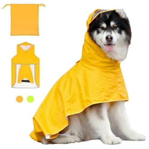 Luccalily Hunde-Regenmantel mit Kapuze für mittelgroße Hunde, wasserdichte Hunde-Regenjacke mit reflektierendem Streifen, verstellbarer Bauchgurt, leichter gelber Poncho, L von Luccalily