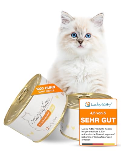 Lucky-Kitty Katzenfutter Nass Huhn, 95% Fleisch I Katzenfutter ohne Getreide & Zucker, Lebensmittelqualität I Nassfutter für Katzen & Kitten, keine Zusätze I Katzennassfutter Made in Germany (16x200g) von Lucky-Kitty