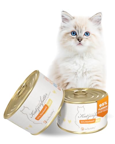 Lucky-Kitty Katzenfutter Nass Huhn, 95% Fleisch I Katzenfutter ohne Getreide & Zucker, Lebensmittelqualität I Nassfutter für Katzen & Kitten, keine Zusätze I Katzennassfutter Made in Germany (16x200g) von Lucky-Kitty