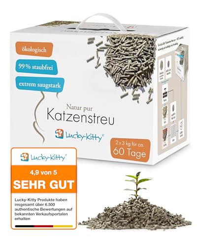 Lucky-Kitty Katzenstreu Klumpstreu 6 kg für 60 Tage, ökologisch I Staubfrei & klumpend, hochsaugfähig & geruchsneutralisierend I Allergiker-freundliche Streu mit Duft, in Toilette entsorgbar von Lucky-Kitty