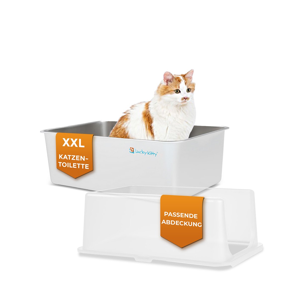 Lucky Kitty XXL Katzentoilette mit Haube – Edelstahl, Weiß von Lucky Kitty