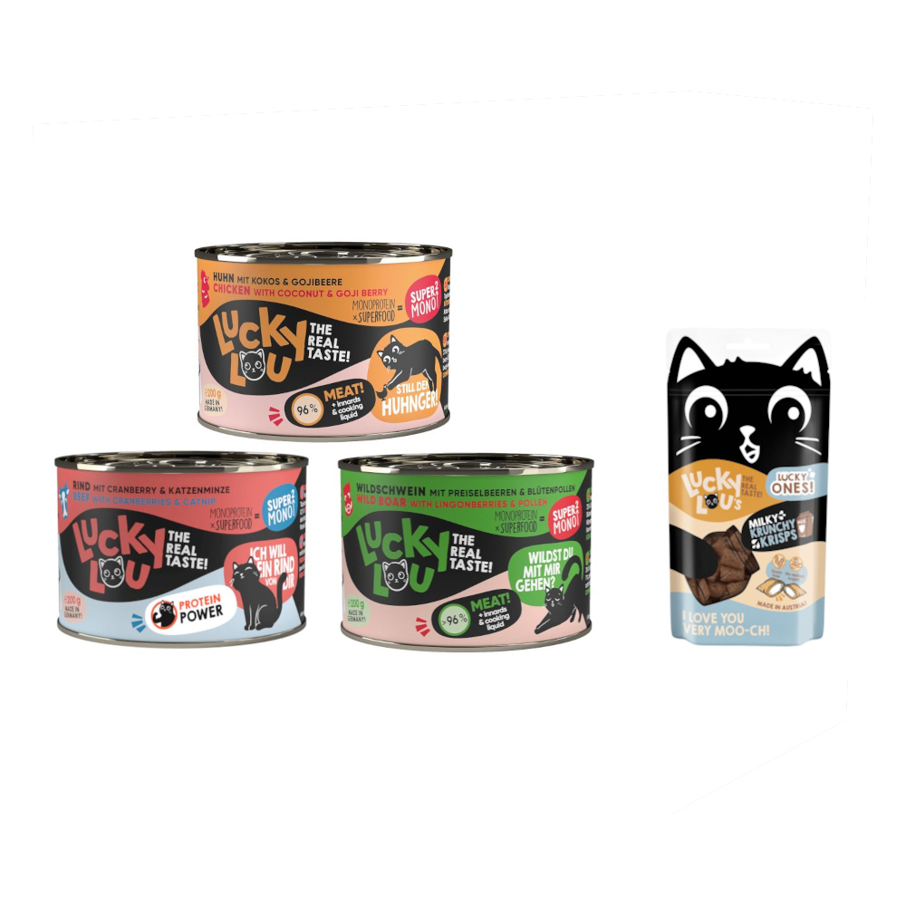 6 x 200 g Lucky Lou SuperMono² + 60 g Krunchy Krisps Milch gratis! - Mixpaket von Lucky Lou