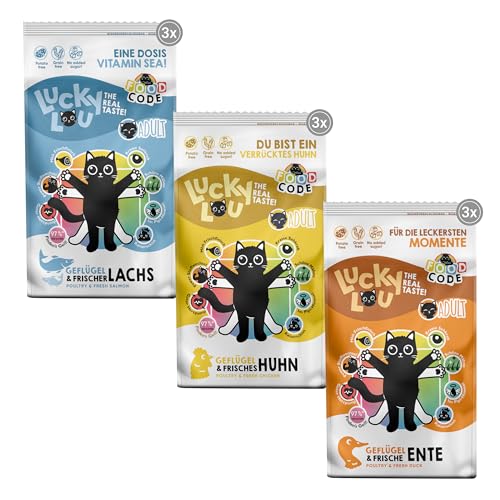 Lucky Lou Adult Trockenfutter für Katzen mit verschiedenen Sorten - Food Code Katzenfutter trocken für ausgewachsene Katzen, ohne Getreide & Zucker (340 g (9er Pack), Adult 3 Sorten Mix) von Lucky Lou