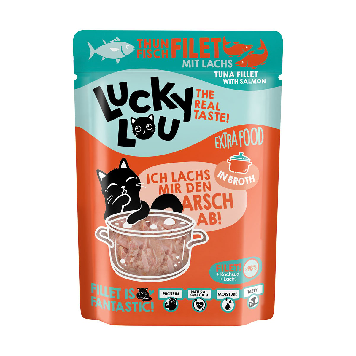 Lucky Lou Extra Food Thunfisch & Lachs in Broth 12x70g von Lucky Lou