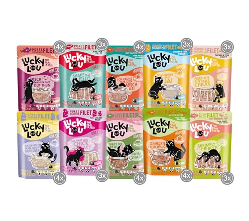 Lucky Lou Extrafood Mix-Paket 36 x 70g Katzenfutter nass - hochwertiges Katzenfutter mit viel Protein - Nassfutter getreidefrei & ohne Zucker für Katzen im Beutel (36 x 70g Pouches, 10 Sorten Mix) von Lucky Lou