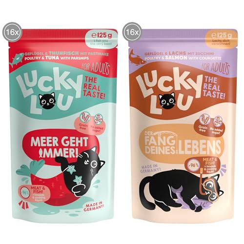 Lucky Lou Lifestage Katzenfutter nass - hochwertiges Katzenfutter mit hohem Fleischanteil - Nassfutter getreidefrei & ohne Zucker für Katzen (125g (32er Pack), ADULT 2 Sorten Mix) von Lucky Lou