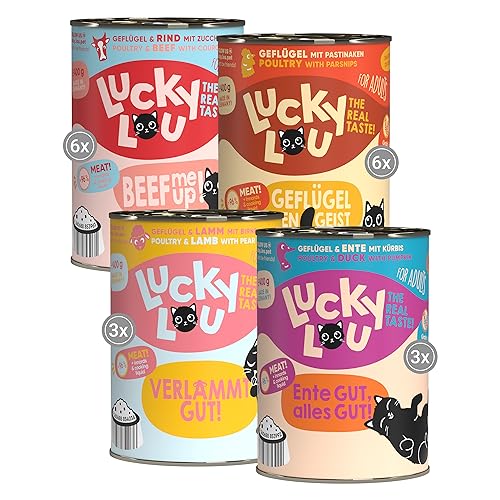 Lucky Lou Lifestage Mix Katzenfutter nass - hochwertiges Katzenfutter mit hohem Fleischanteil - Nassfutter getreidefrei & ohne Zucker in der Dose (400g (18er Pack), Adult 4 Sorten Mix II) von Lucky Lou