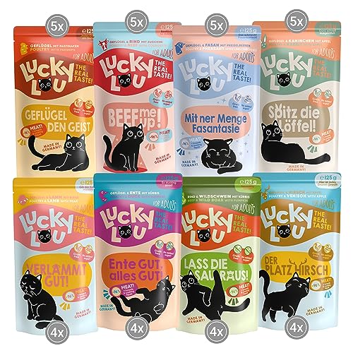 Lucky Lou Lifestage Katzenfutter nass - hochwertiges Katzenfutter mit hohem Fleischanteil - Nassfutter getreidefrei & ohne Zucker für Katzen (125g (32er Pack), Adult 8 Sorten Mix) von Lucky Lou