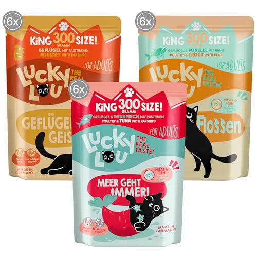 Lucky Lou Lifestage Katzenfutter nass - hochwertiges Katzenfutter mit hohem Fleischanteil - Nassfutter getreidefrei & ohne Zucker für Katzen (300g (18er Pack), Adult 3 Sorten Mix) von Lucky Lou