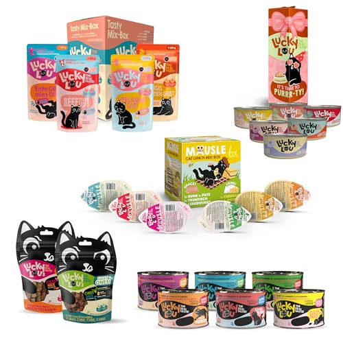 Lucky Lou Probier-Paket mit Katzenfutter nass & Katzen-Leckerlis in verschiedenen Sorten - Katzen-Leckerlie & Nassfutter ohne Getreide & Zucker im Mix (Small Mix, Probierpaket) von Lucky Lou