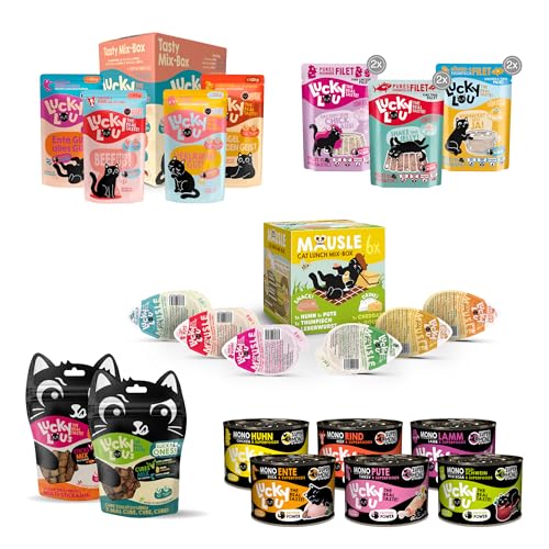 Lucky Lou Probier-Paket mit Katzenfutter nass & Katzen-Leckerlis in verschiedenen Sorten - Katzen-Leckerlie & Nassfutter ohne Getreide & Zucker im Mix (Paket Small) von Lucky Lou