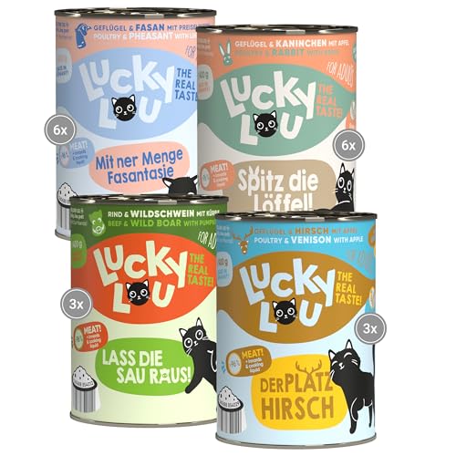 Lucky Lou Lifestage Mix Katzenfutter nass - hochwertiges Katzenfutter mit hohem Fleischanteil - Nassfutter getreidefrei & ohne Zucker in der Dose (400g (18er Pack), ADULT 4 Sorten Mix) von Lucky Lou