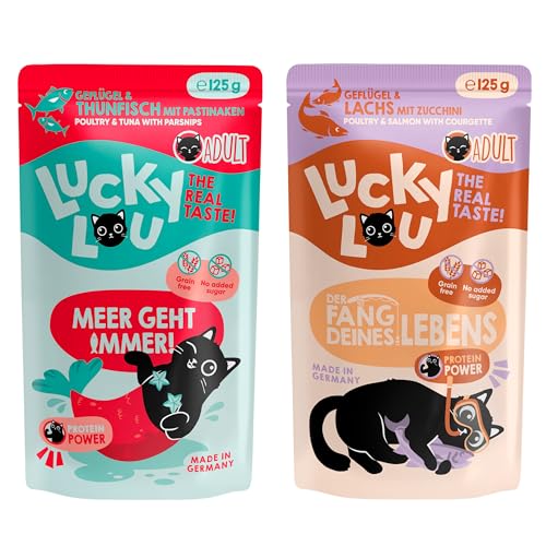 Lucky Lou Lifestage Adult Katzenfutter nass - hochwertiges Katzenfutter mit viel Protein - Nassfutter getreidefrei & ohne Zucker (125g (32er Pack), Geflügel, Lachs, Thunfisch) von Lucky Lou