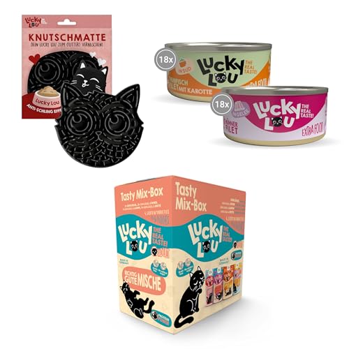 Lucky Lou Nassfutter für Katzen + Katzen Schleckmatte - Extrafood (36 x 70g Dosen) & Tasty Mix Box (6 x 125g Pouches) Premium Katzenfutter nass mit der Anti-Schling Leckmatte für Deine Katze von Lucky Lou