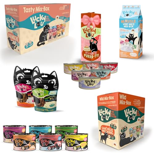 Lucky Lou Probier-Paket mit Katzenfutter nass & Katzen-Leckerlis in verschiedenen Sorten - Katzen-Leckerlie & Nassfutter ohne Getreide & Zucker im Mix (Paket L) von Lucky Lou