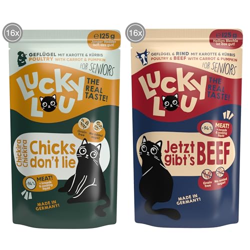 Lucky Lou Lifestage Katzenfutter nass - hochwertiges Katzenfutter mit hohem Fleischanteil - Nassfutter getreidefrei & ohne Zucker für Katzen (125g (32er Pack), Senior 2 Sorten Mix) von Lucky Lou