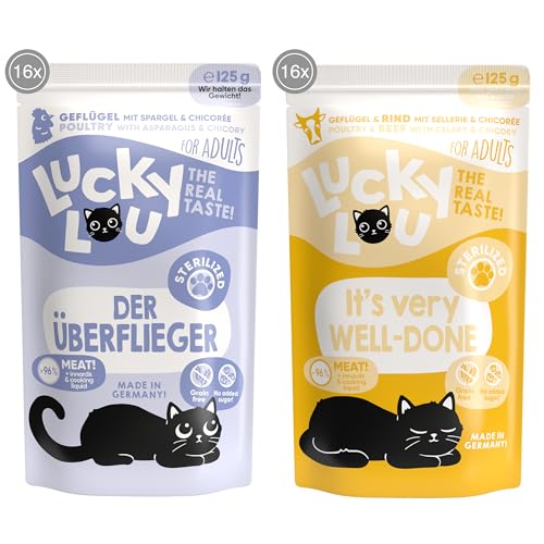 Lucky Lou Lifestage Katzenfutter nass - hochwertiges Katzenfutter mit hohem Fleischanteil - Nassfutter getreidefrei & ohne Zucker für Katzen (125g (32er Pack), STERILIZED 2 Sorten Mix) von Lucky Lou