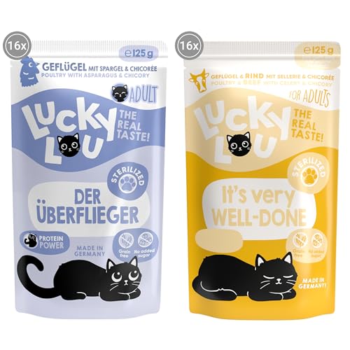 Lucky Lou Lifestage Katzenfutter nass - hochwertiges Katzenfutter mit hohem Fleischanteil - Nassfutter getreidefrei & ohne Zucker für Katzen (125g (32er Pack), STERILIZED 2 Sorten Mix) von Lucky Lou