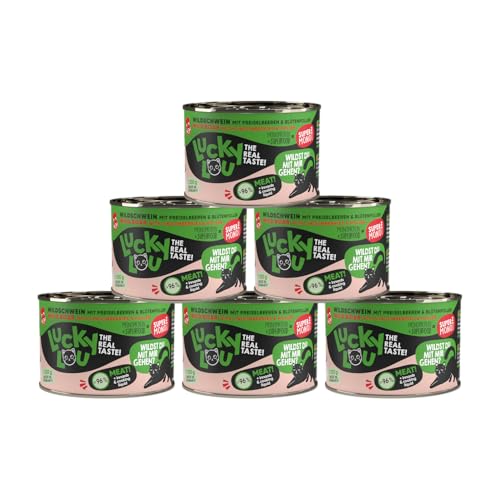 Lucky Lou SuperMono, Superfood für Katzen, Monoproteines Katzenfutter, getreidefrei für Sensible Katzen, Premiumfutter (200g (6er Pack), Wildschwein) von Lucky Lou