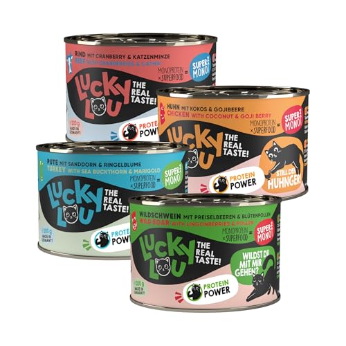 Lucky Lou SuperMono² Mix Katzenfutter nass - hochwertiges Katzenfutter mit viel Protein - Nassfutter getreidefrei & ohne Zucker für ausgewachsene Katzen, 200g (24er Pack) von Lucky Lou