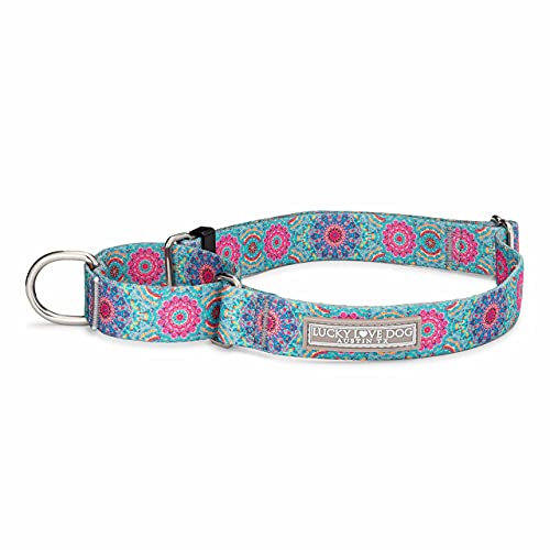 Lucky Love Dog, Boho Chic Martingale Hundehalsband für Mädchen und Jungen, hochwertiges rutschfestes Halsband, Martingalhalsband für Hunde in lebendigem Rosa und Türkis (groß, Clara Mart) von Lucky Love Dog