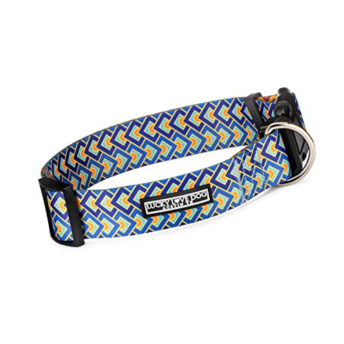 Lucky Love Dog, Bold Hundehalsband, 3,8 cm breit, geometrisches Muster, breites Halsband für Hunde, Mandarine, Himmel und Gelb, Hunde mit größerem Kopf und Hals – (Größe M, Murphy breit) von Lucky Love Dog