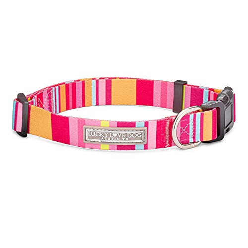 Lucky Love Dog, Hundehalsband mit bunten Streifen, Gelb, Rosa, Blau, niedliches Hundehalsband für Mädchen, Größe L, Molly Halsband) von Lucky Love Dog