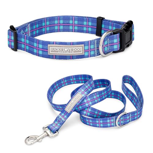 Lucky Love Dog, Hundehalsband und Leine, kariert, verstellbar und bequem, für Jungen und Mädchen, Größe L, Blau und Violett von Lucky Love Dog