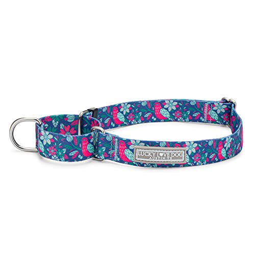 Lucky Love Dog, Whimsical Bird Martingale-Hundehalsband, lebendiges Rosa, Minze, blaue Blumen, klein, rutschfest, Größe S, Carriebelle Mart) von Lucky Love Dog